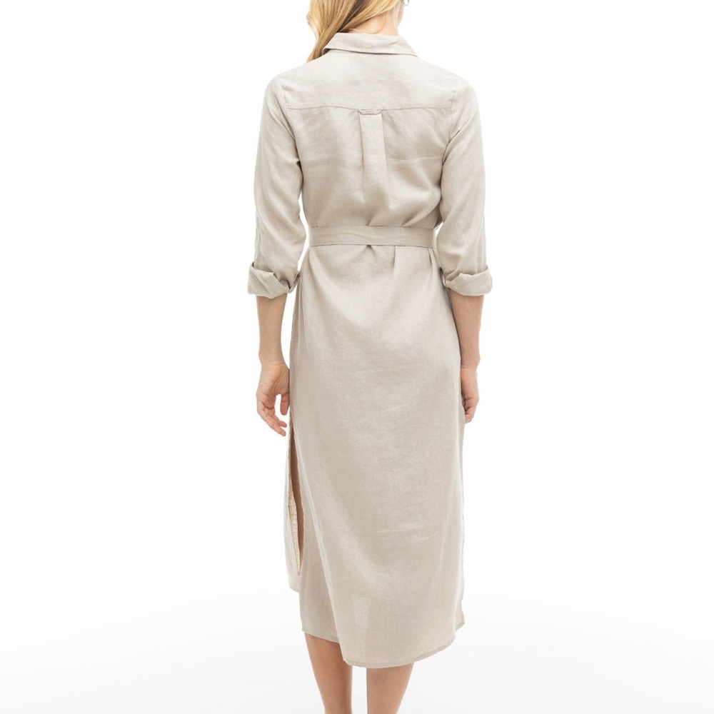 100% linen Chic Long Sleeve Beige Dress - Picture 1 of 3